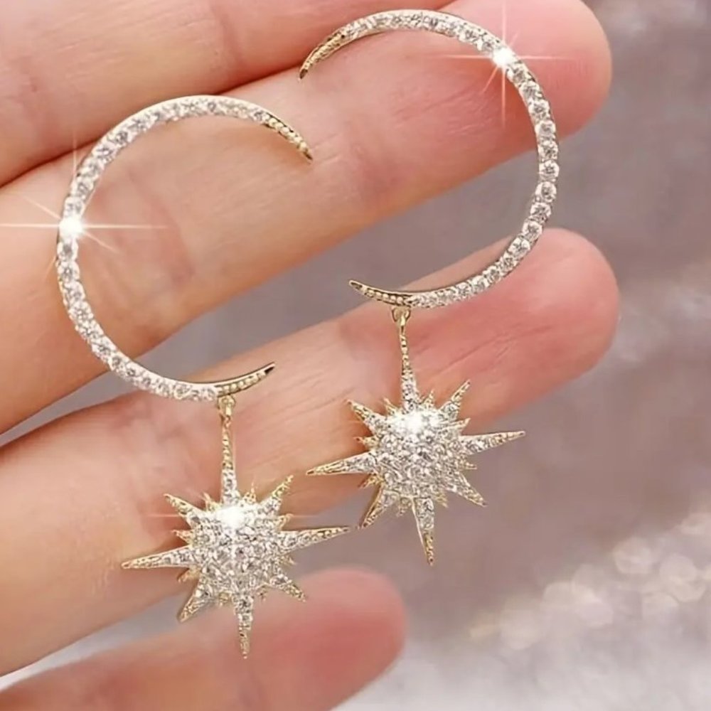 Sparkling Celestial Crescent Moon & Star Gold CZ Rhinestone Dangle Earrings NEW
